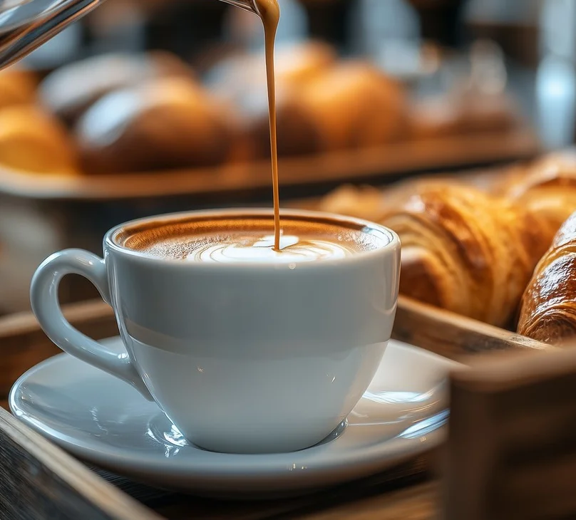 A cup of cappuccino topped with foam and a sprinkle of cocoa, placed on a white saucer with a silver spoon beside it. The background features a brick wall.