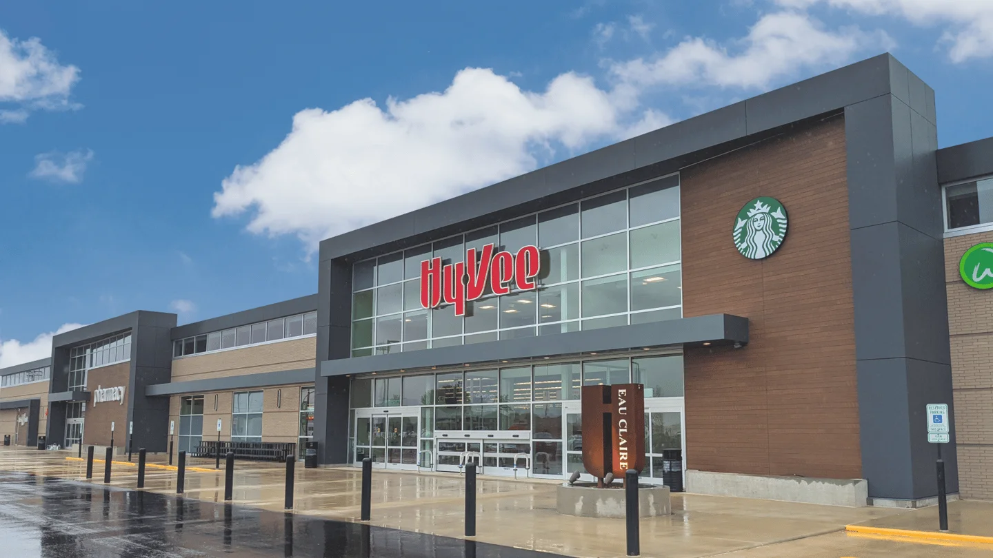 Hy-Vee grocery store exterior with Starbucks