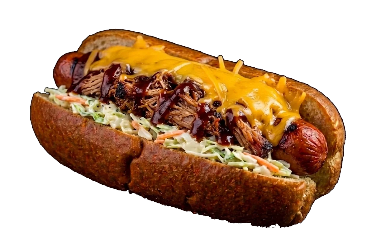 BBQ pulled pork hot dog with cheese and coleslaw