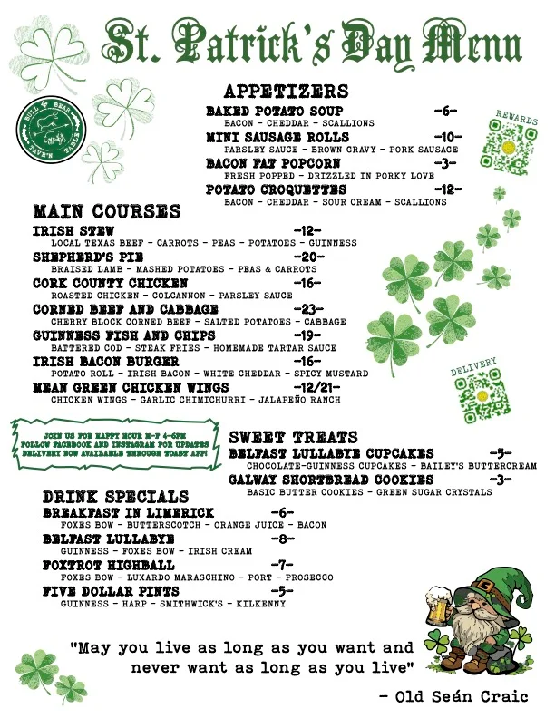 St. Patrick's Day menu featuring traditional Irish dishes