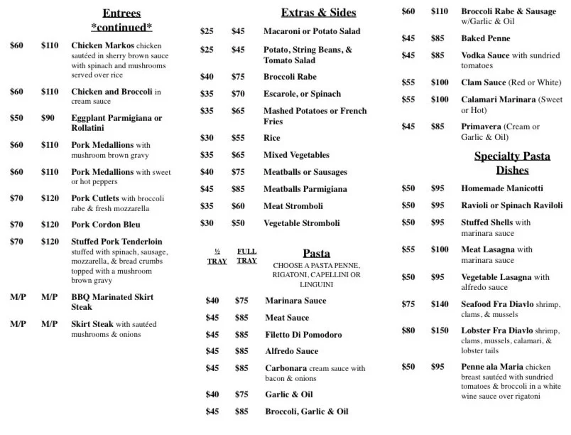 Italian menu featuring a variety of pasta and entrees
