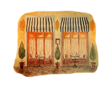 Charming café exterior with striped awnings and potted plants