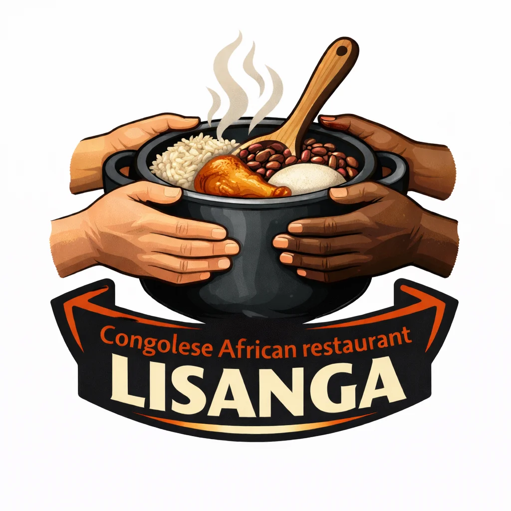 A vibrant logo featuring a pot filled with rice, beans, chicken, and a scoop of a white meal, surrounded by hands holding it. The logo represents a Congolese African restaurant.