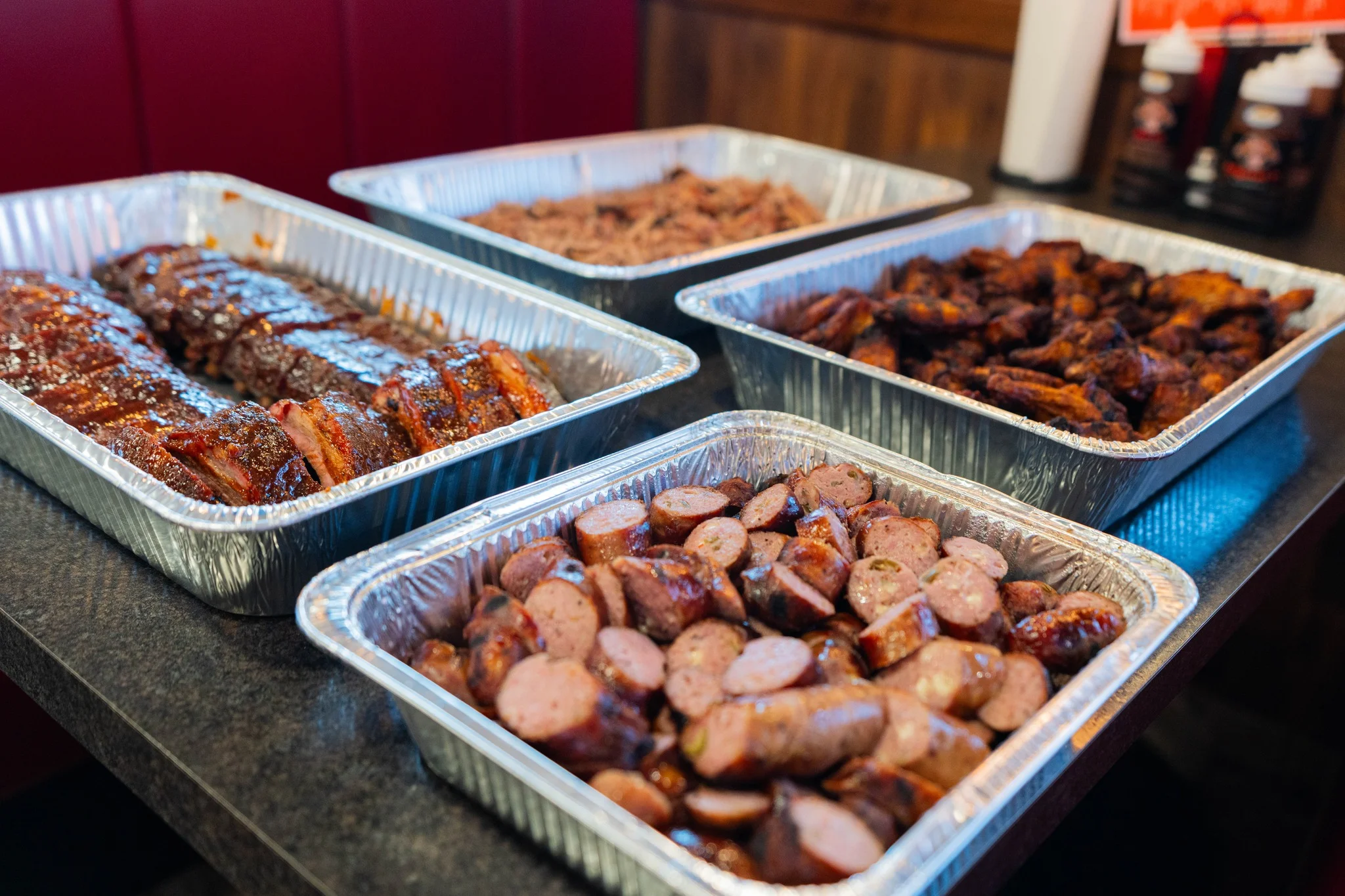 Smoked Sausage, Smoked Ribs, Chicken Wings