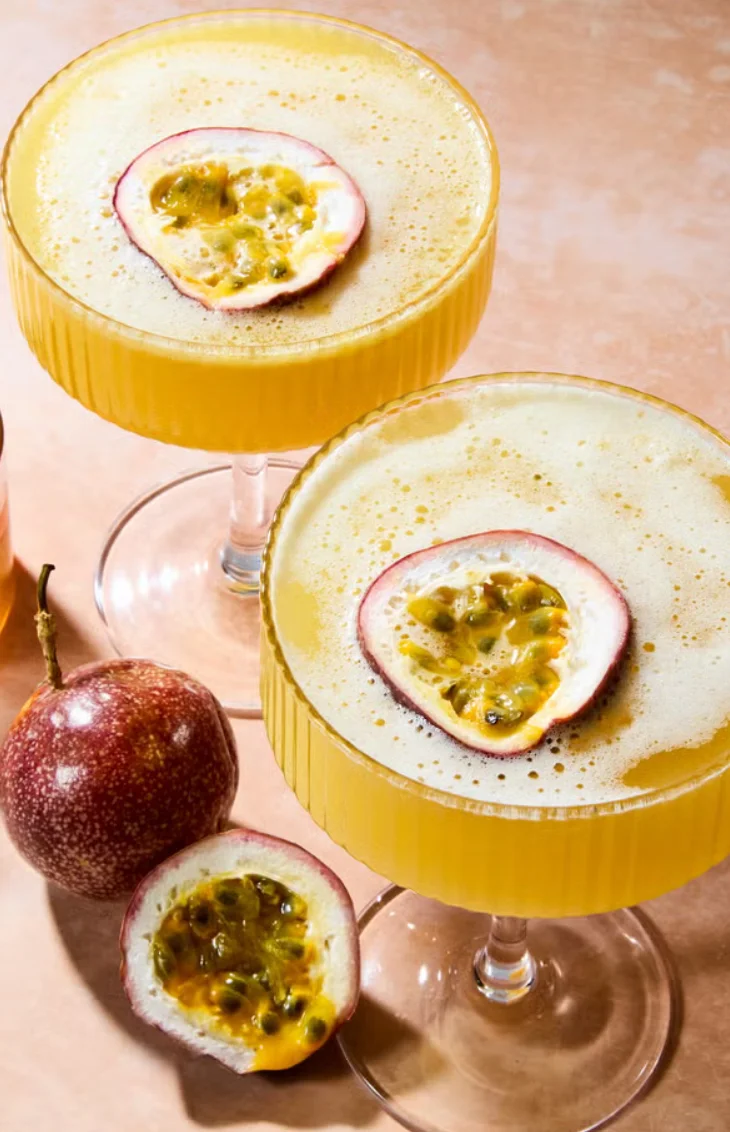 Tropical passion fruit cocktails in elegant glasses