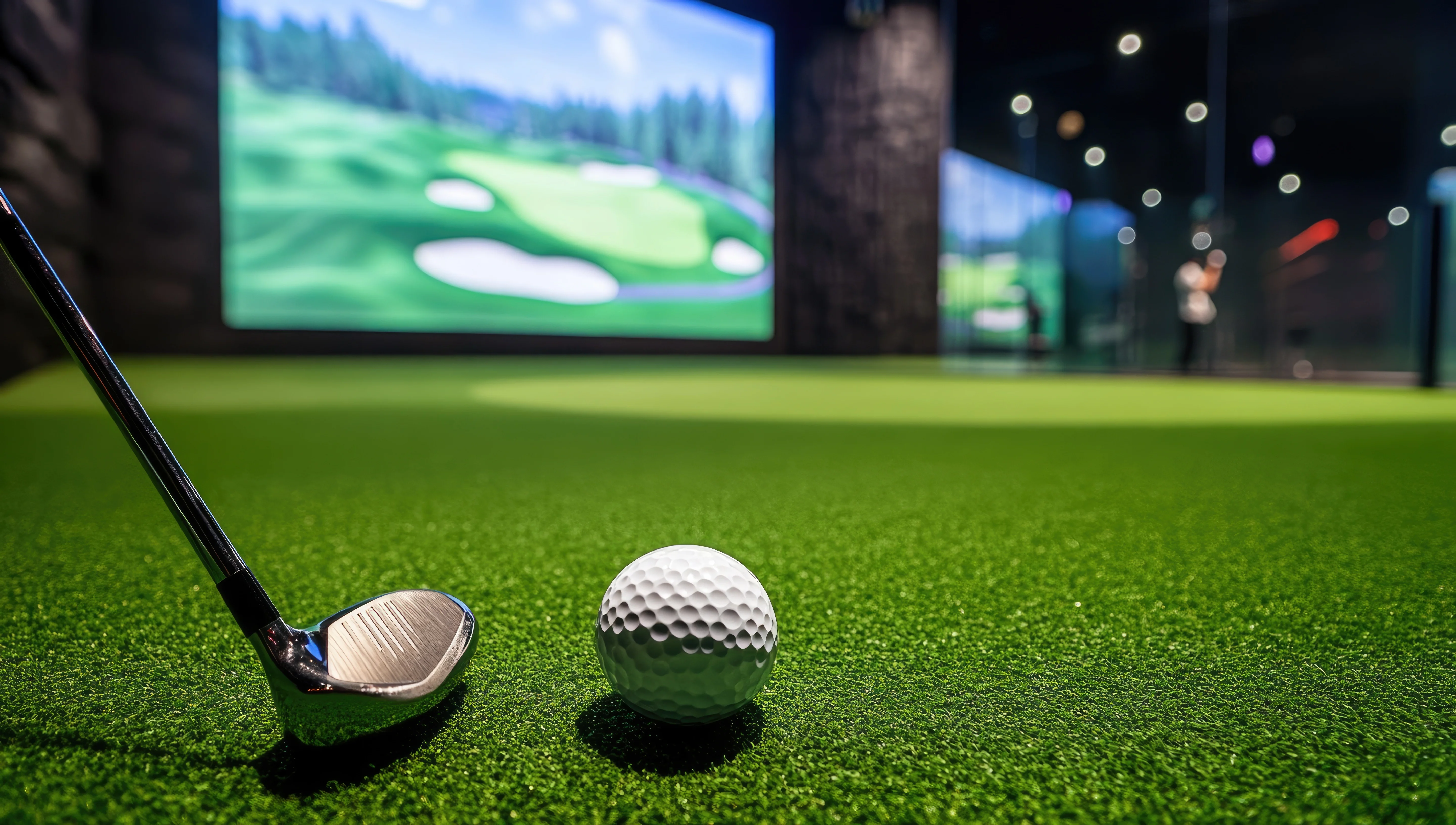 Indoor golf simulator with putting green and digital screen