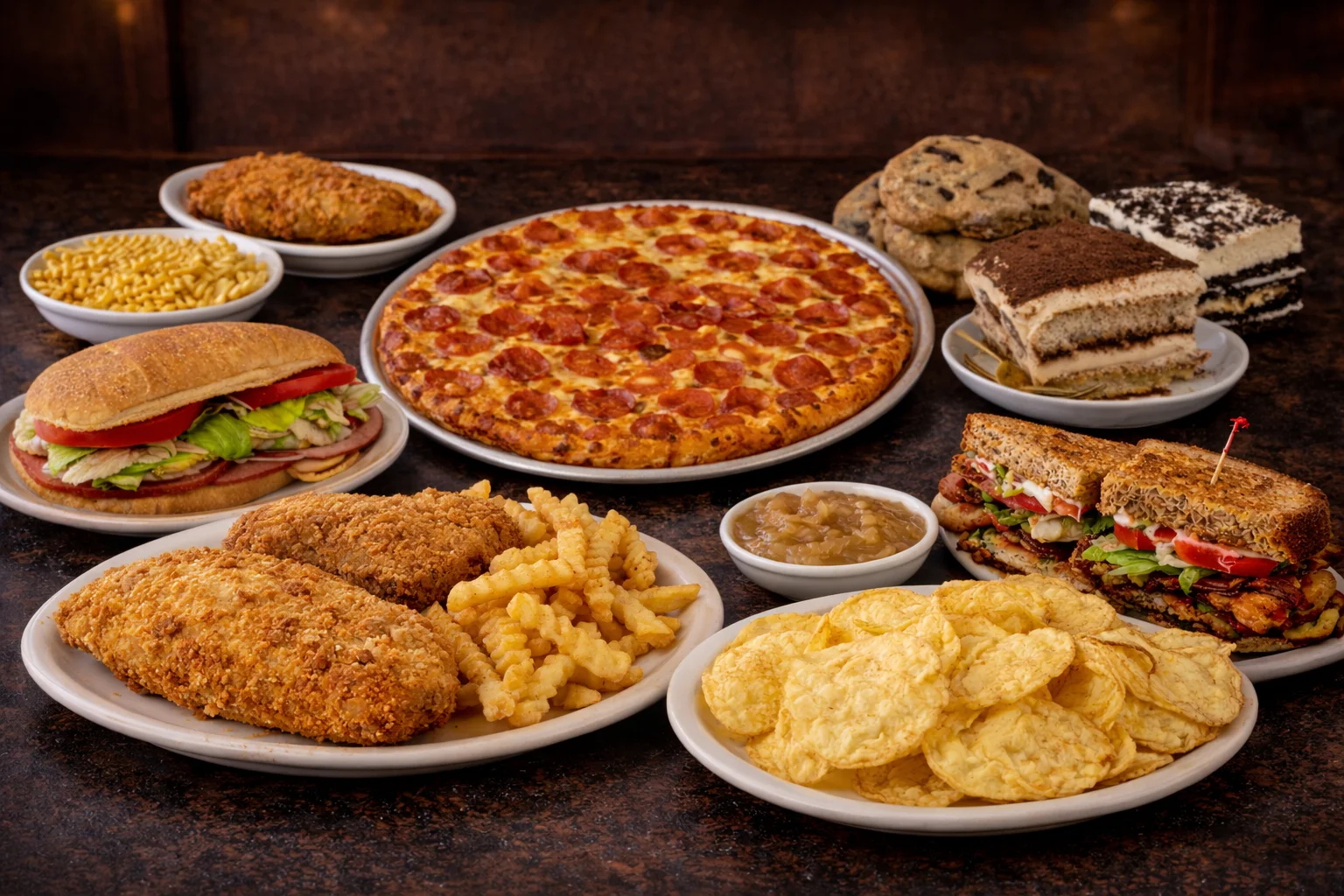 Variety of delicious pizzas served on a wooden table.