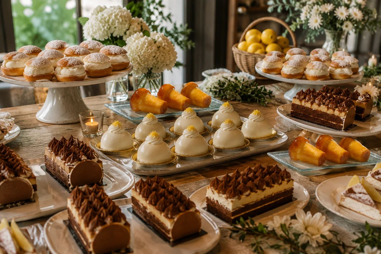 Assorted elegant desserts including mousse and cream cakes