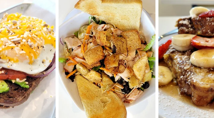 Photo of toast, salad, and french toast.