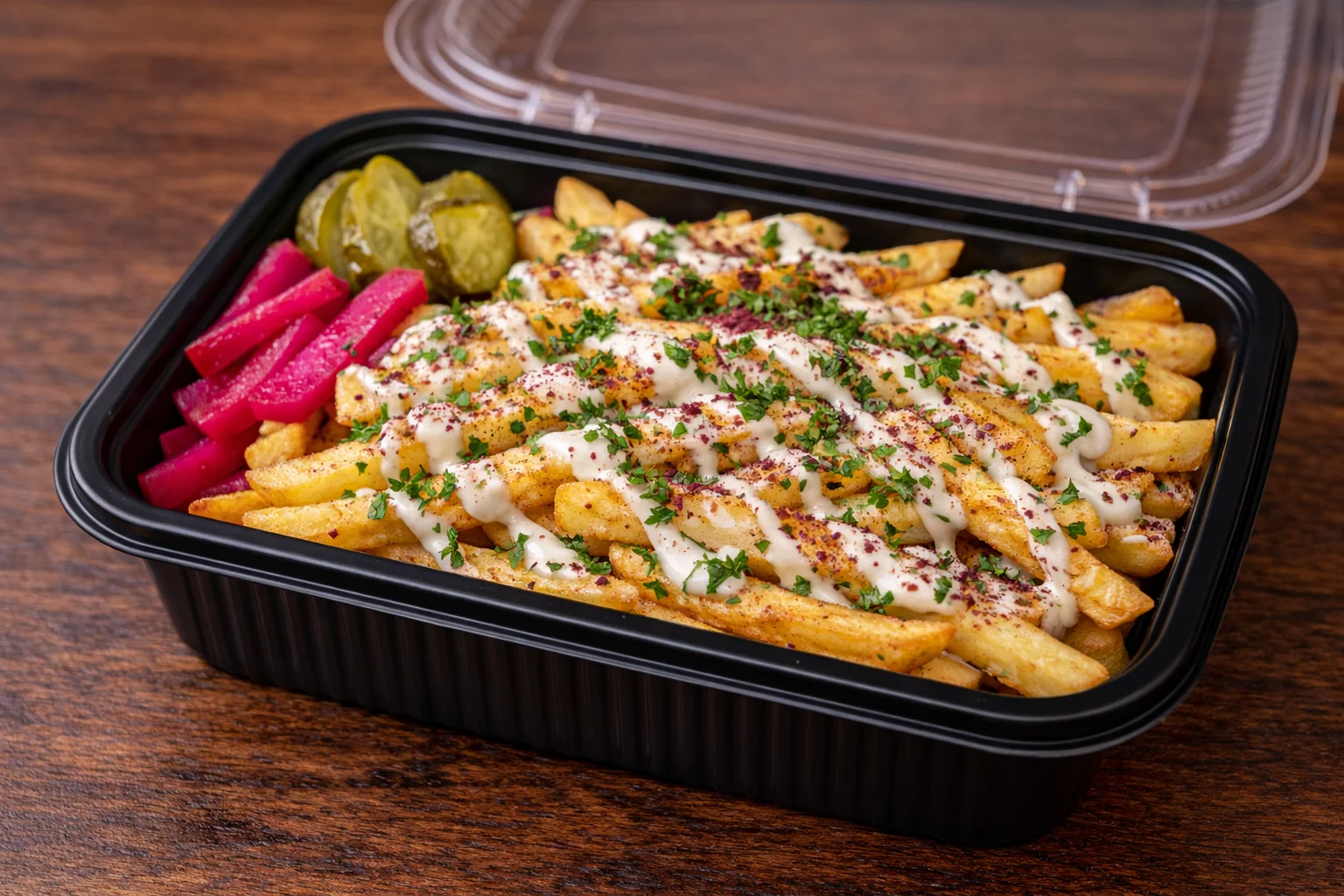 A dish of crispy French fries topped with garlic sauce and served with pickled vegetables and garnished with herbs in a black container.