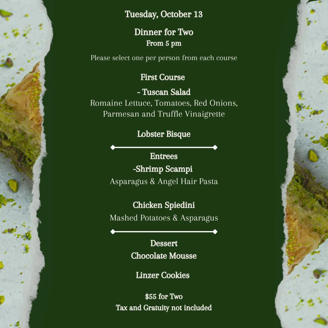 Restaurant dinner-for-two menu with elegant typography and plated dish borders
