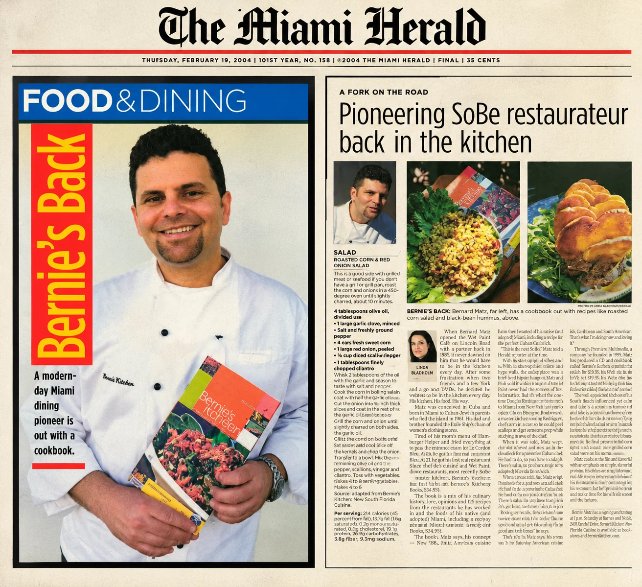 Newspaper food and dining feature with chef portrait and restaurant dishes