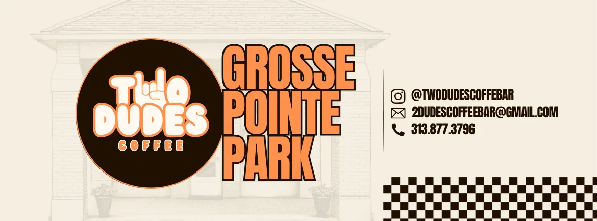 Logo and contact information for Two Dudes Coffee in Grosse Pointe Park