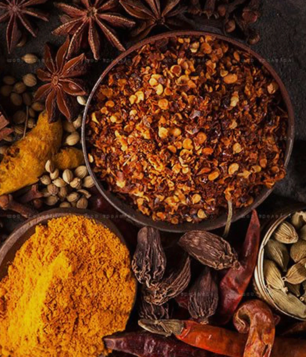 Assorted Indian spices including chili and turmeric