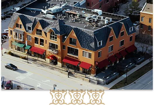 Aerial view of a charming restaurant building with unique architecture