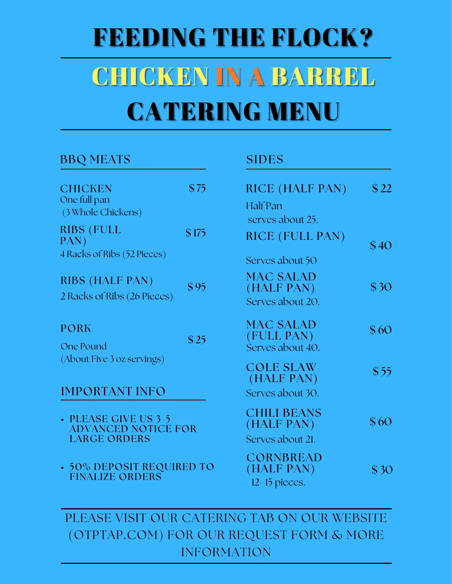 Catering menu for BBQ meats and sides from Chicken in a Barrel