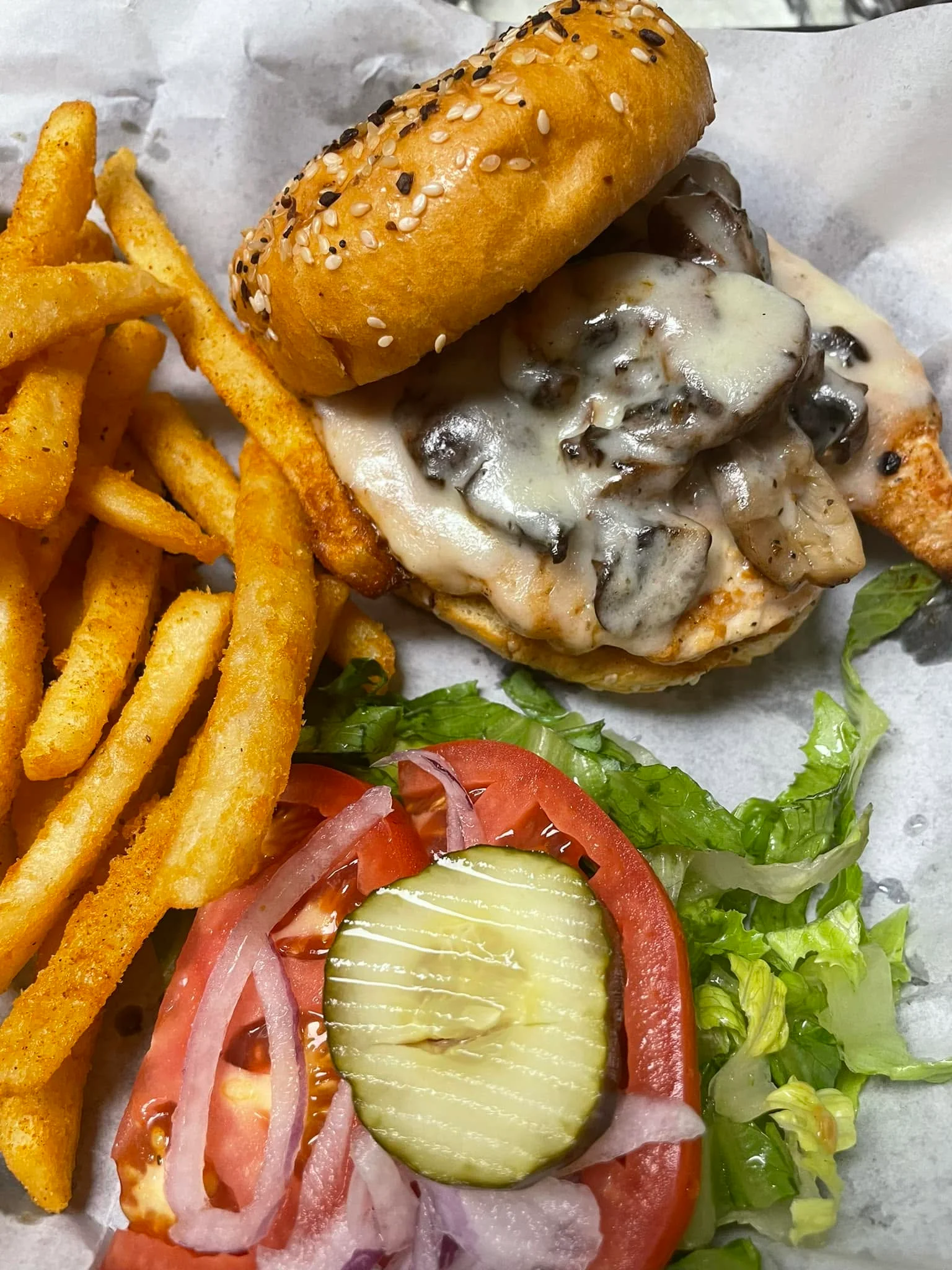Melted cheese chicken sandwich with fries and fresh salad