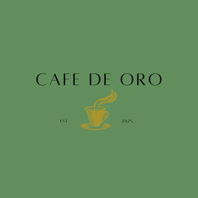 Logo of Cafe de Oro established in 2025 with a coffee cup illustration