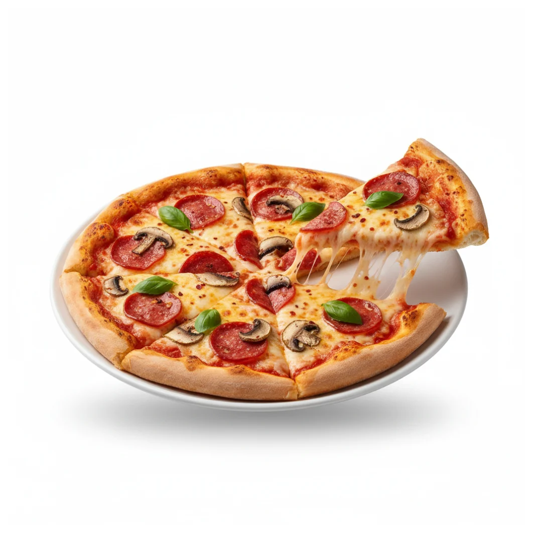 Pepperoni pizza with melted cheese and fresh basil