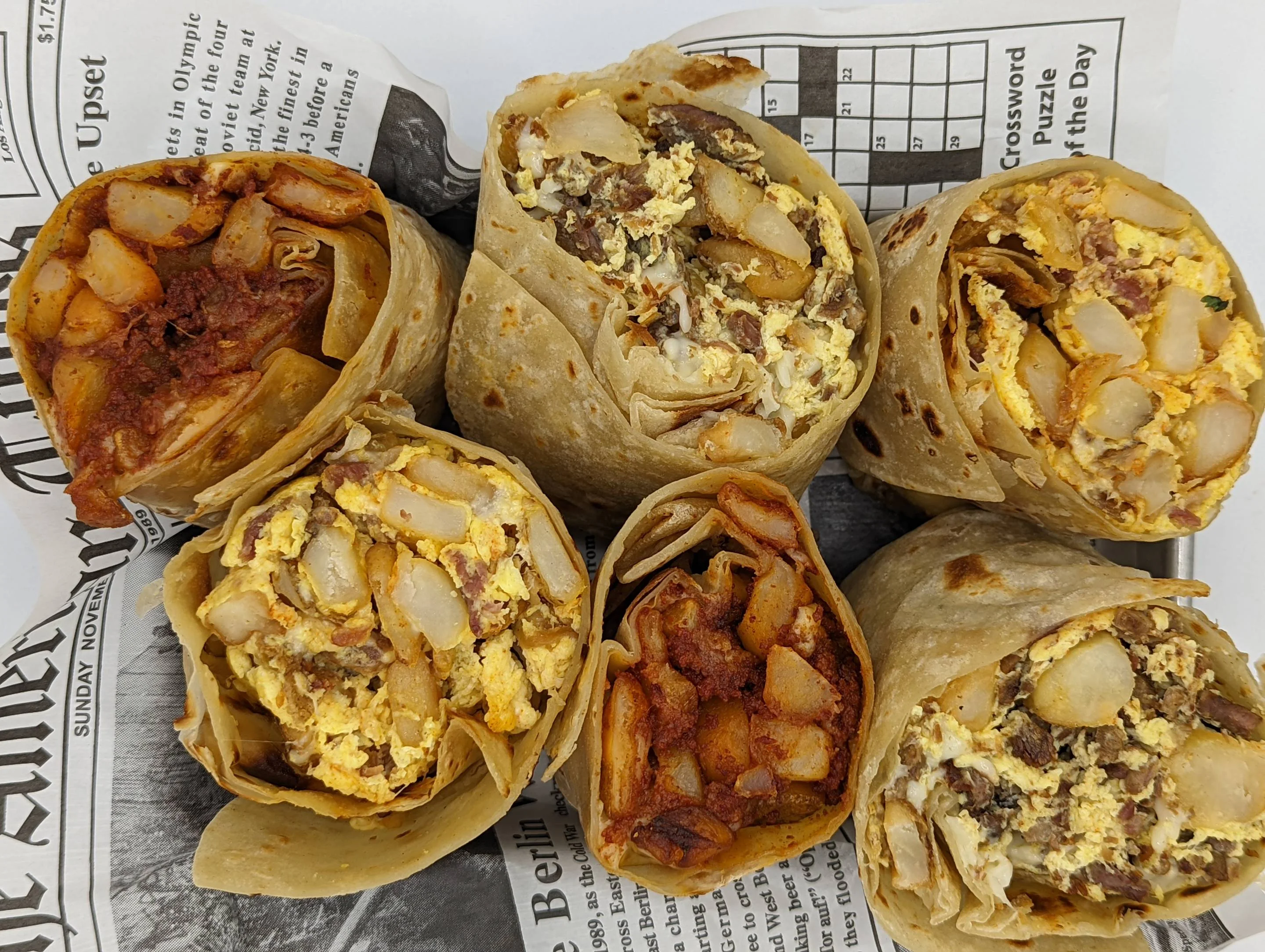 Delicious breakfast burritos with various fillings