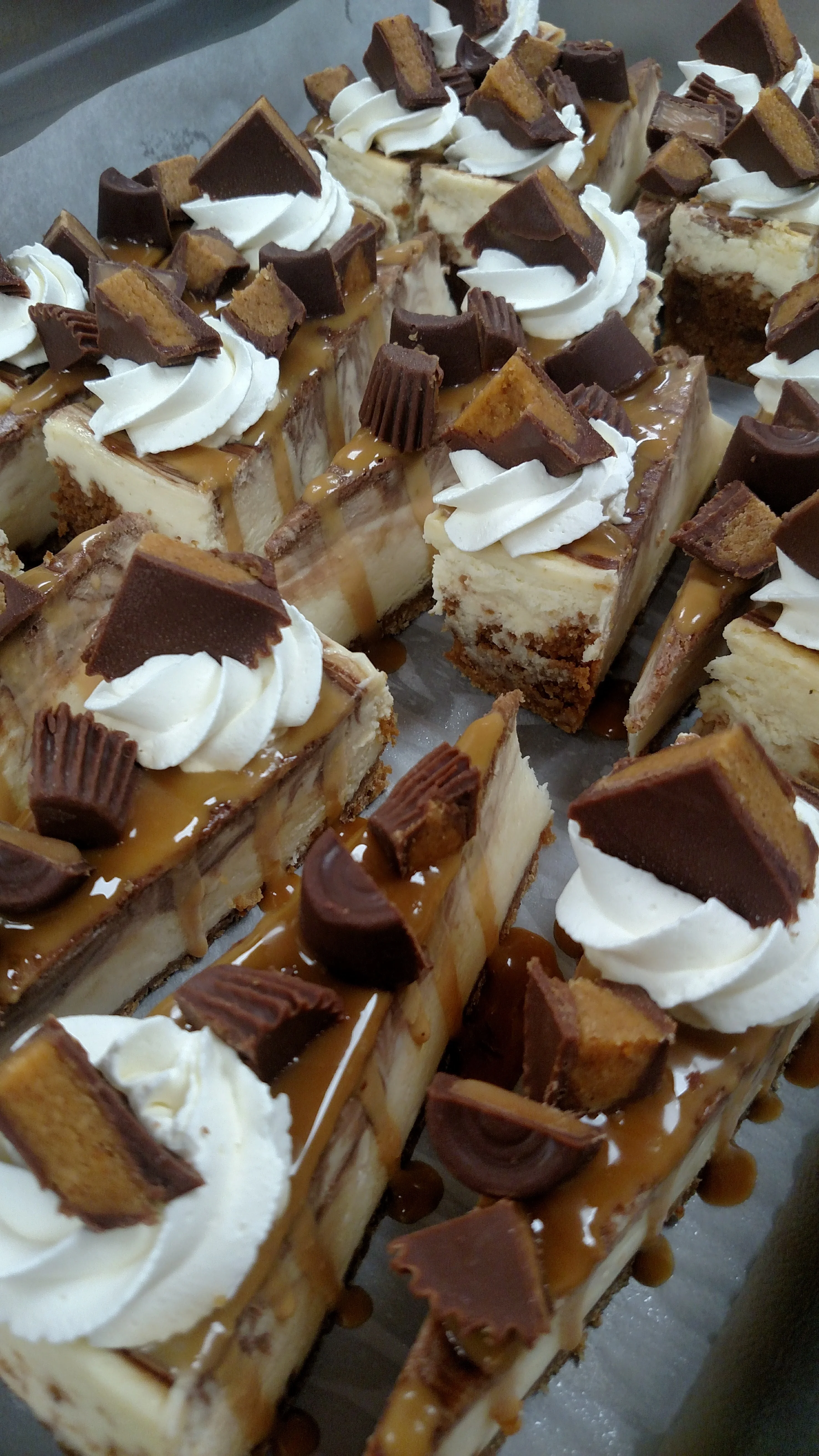 Decadent cheesecake bars topped with caramel and chocolate