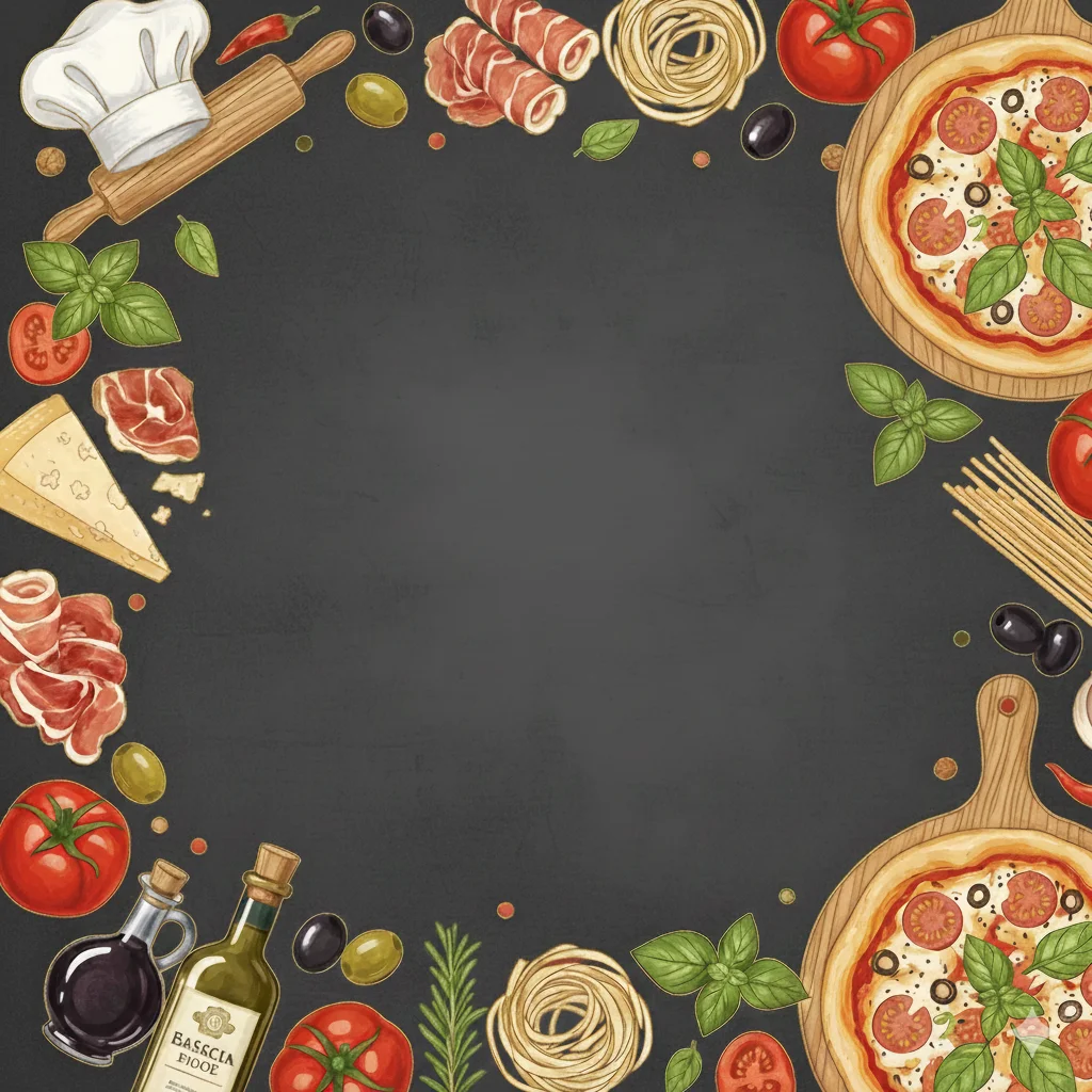 Italian pizza surrounded by fresh ingredients and herbs