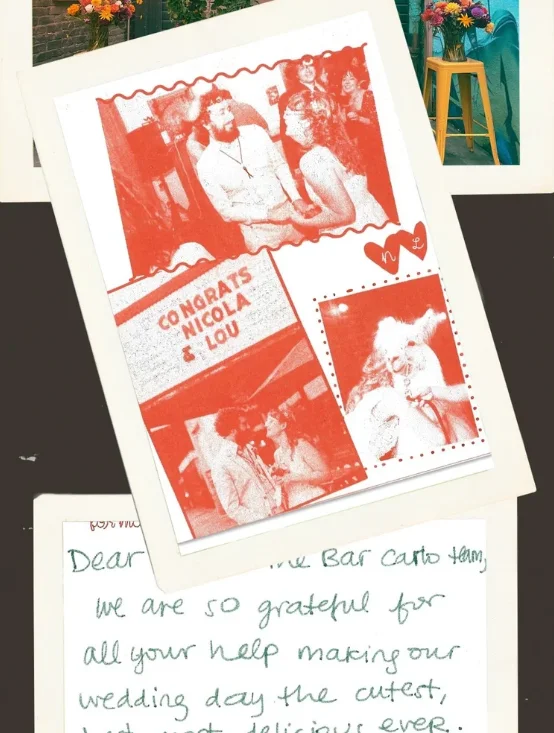 Wedding card with photos and a congratulatory message for Nicola and Lou.