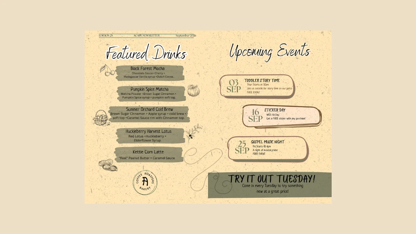 Coffee shop newsletter featuring seasonal drinks and upcoming events