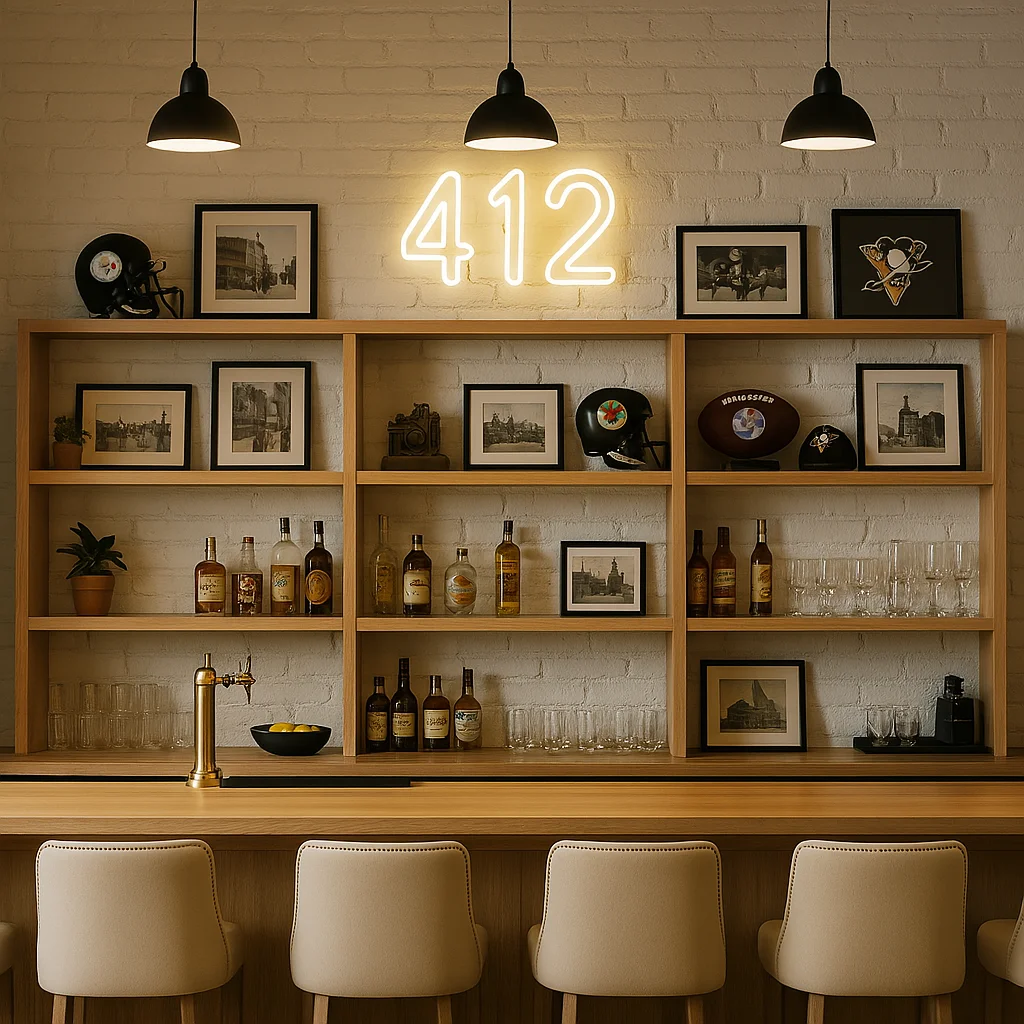 Stylish bar interior with wooden shelves and neon lighting