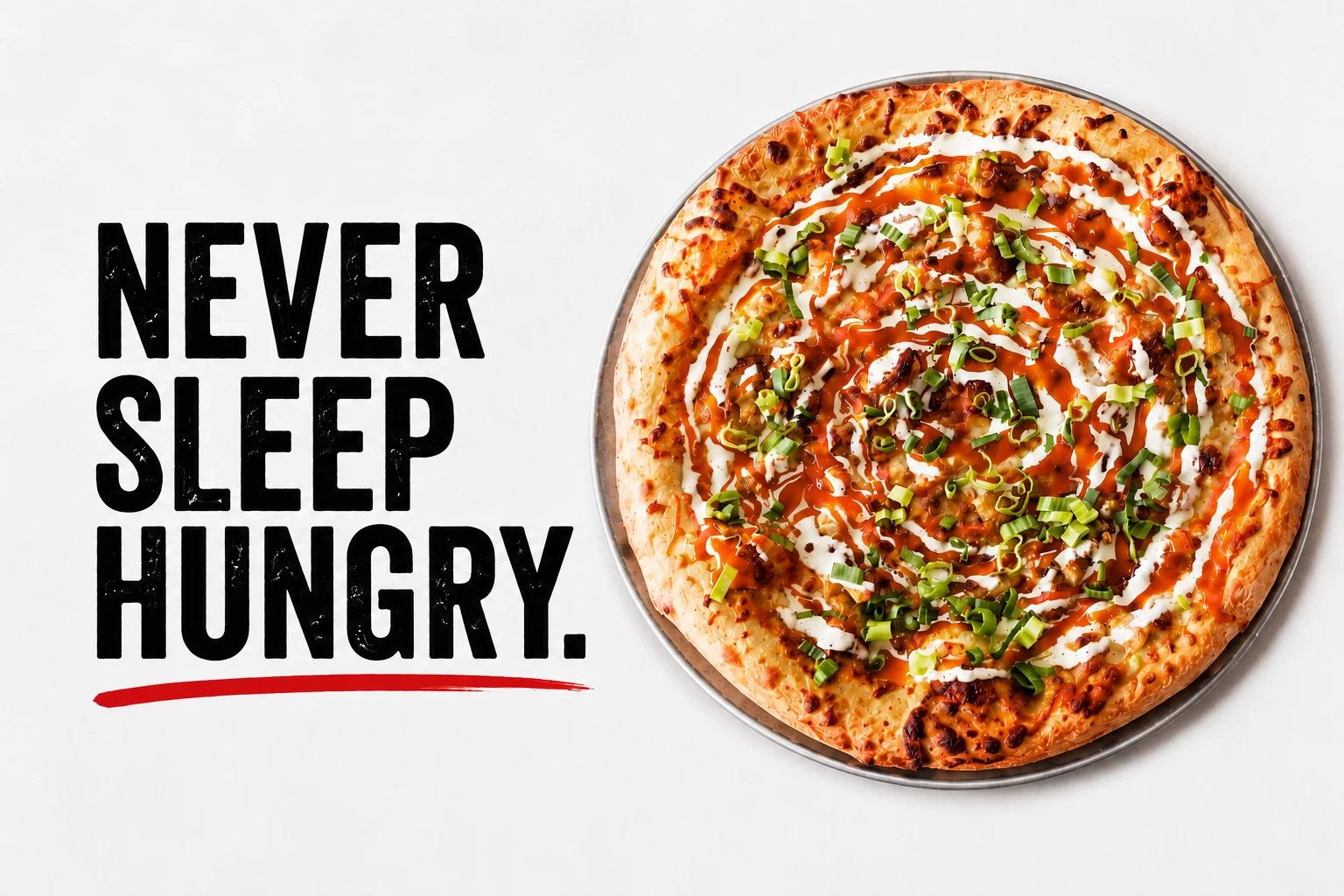 Buffalo chicken pizza with drizzled sauce and green onions