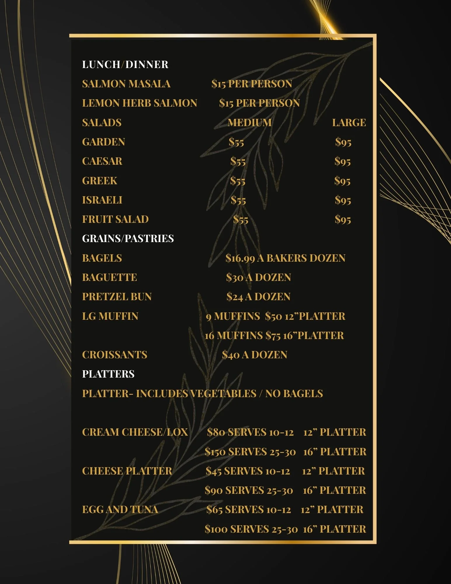Catering menu featuring wraps, salads, and pastries for lunch and dinner