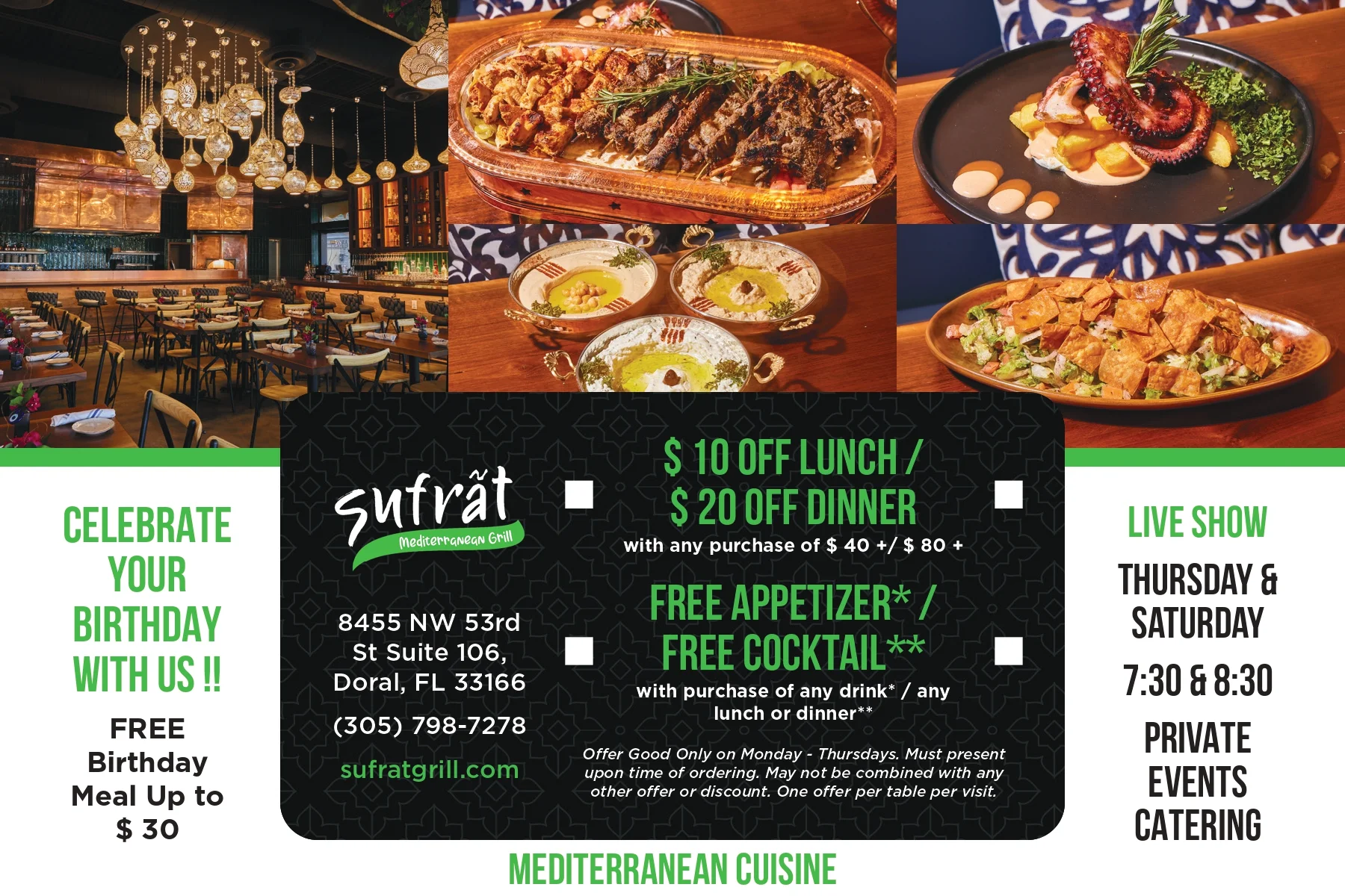 Sufrat Grill poster depicting various events and offers.