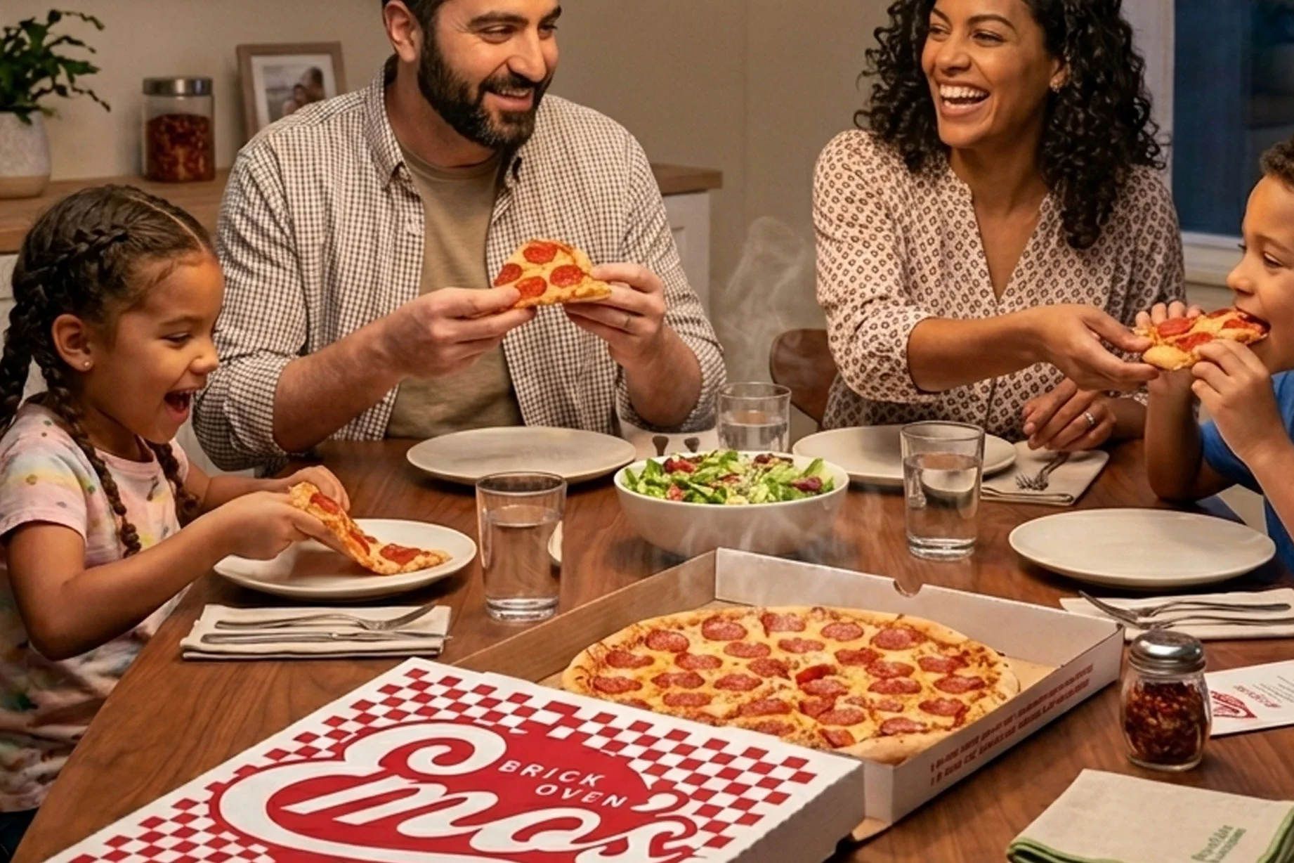 Family enjoying pepperoni pizza at dinner table