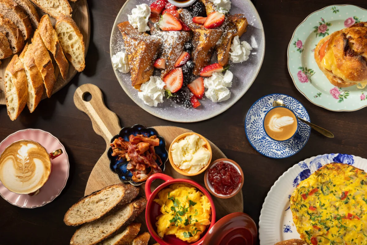 Delicious brunch spread featuring French toast and scrambled eggs