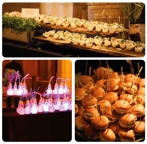 A beautifully arranged catering spread with various dishes and garnishes.