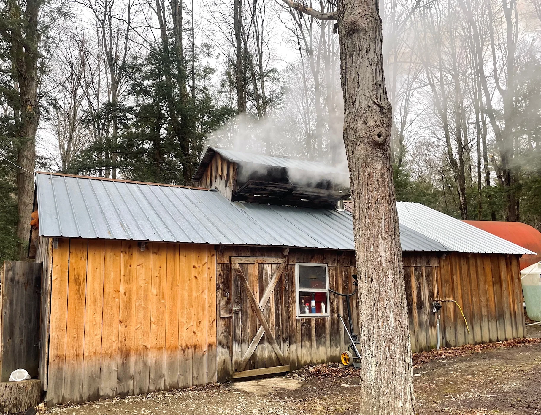 Rustic wooden cabin with smoke rising from the roof