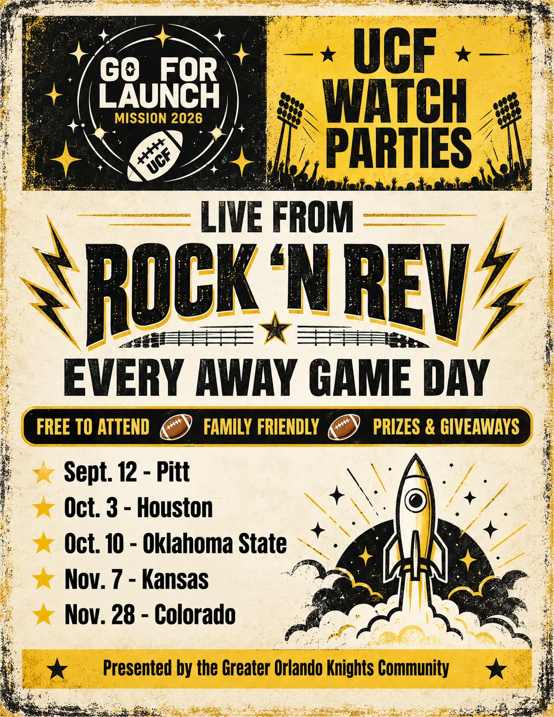 Vintage-style typography poster advertising UCF football watch parties