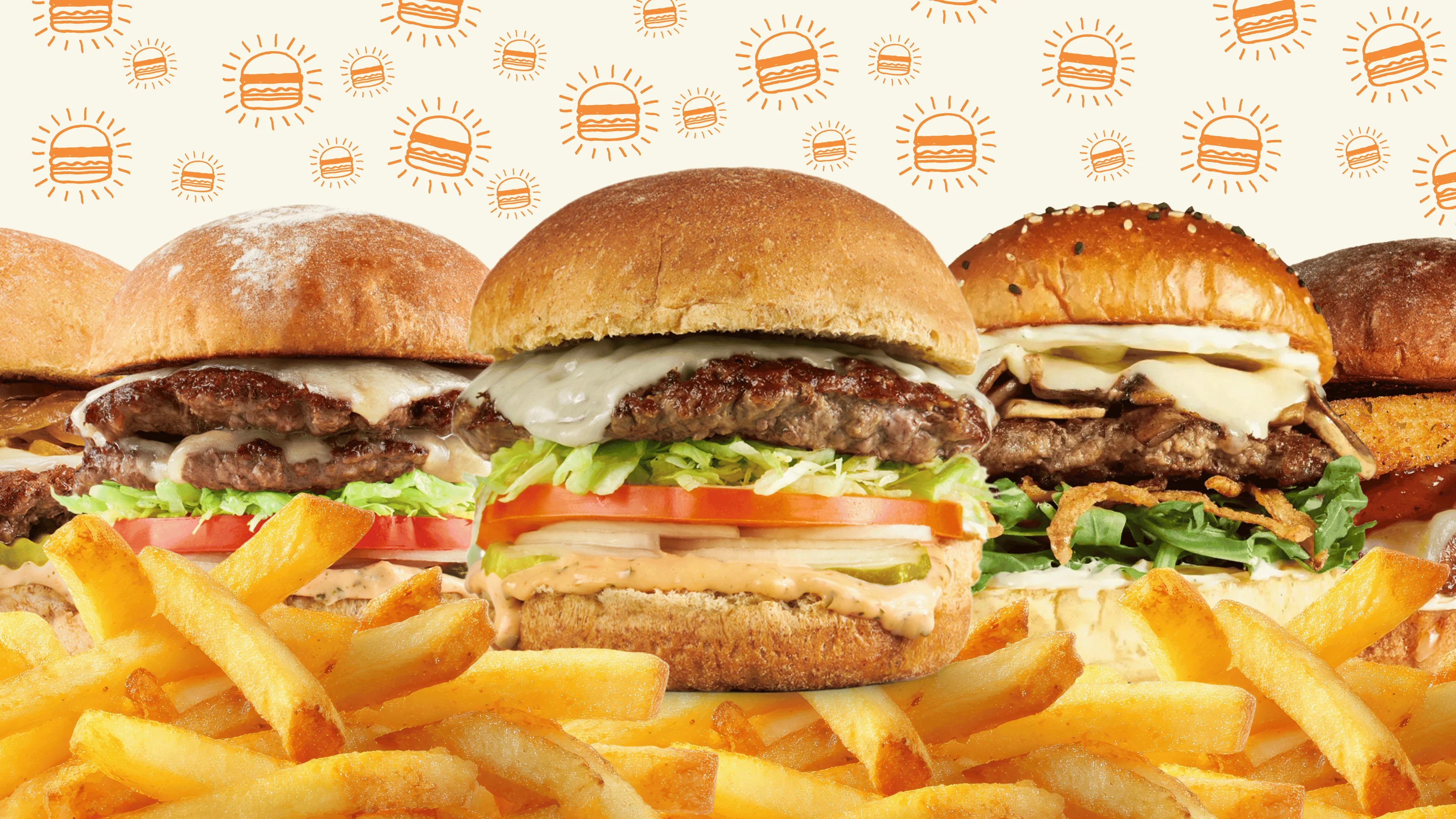 Classic American cheeseburgers with fries and drinks