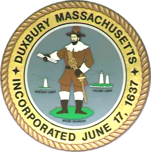 Seal of Duxbury, Massachusetts, featuring a historical figure and lighthouses
