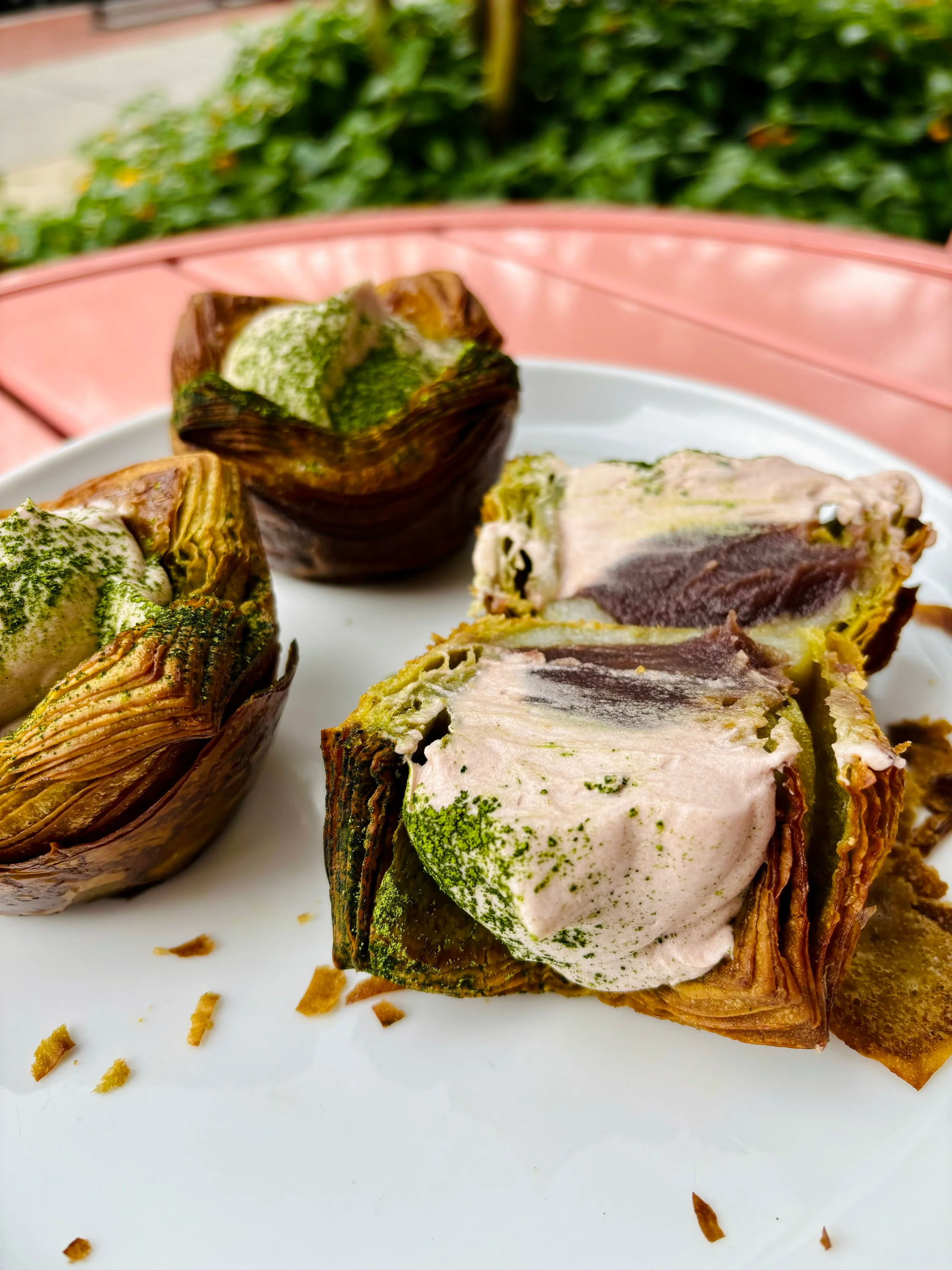 Japanese matcha cream pastry with sweet red bean filling