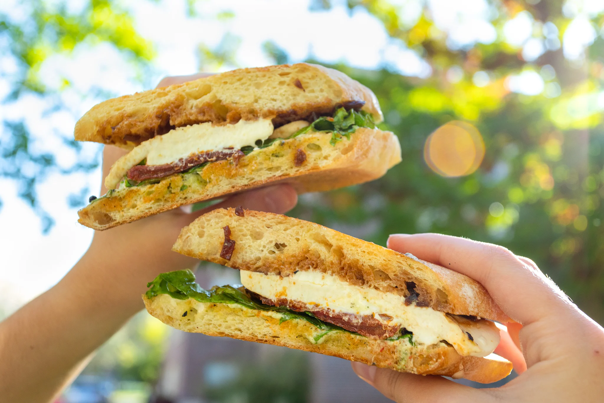 Fresh Italian focaccia sandwich with mozzarella and greens