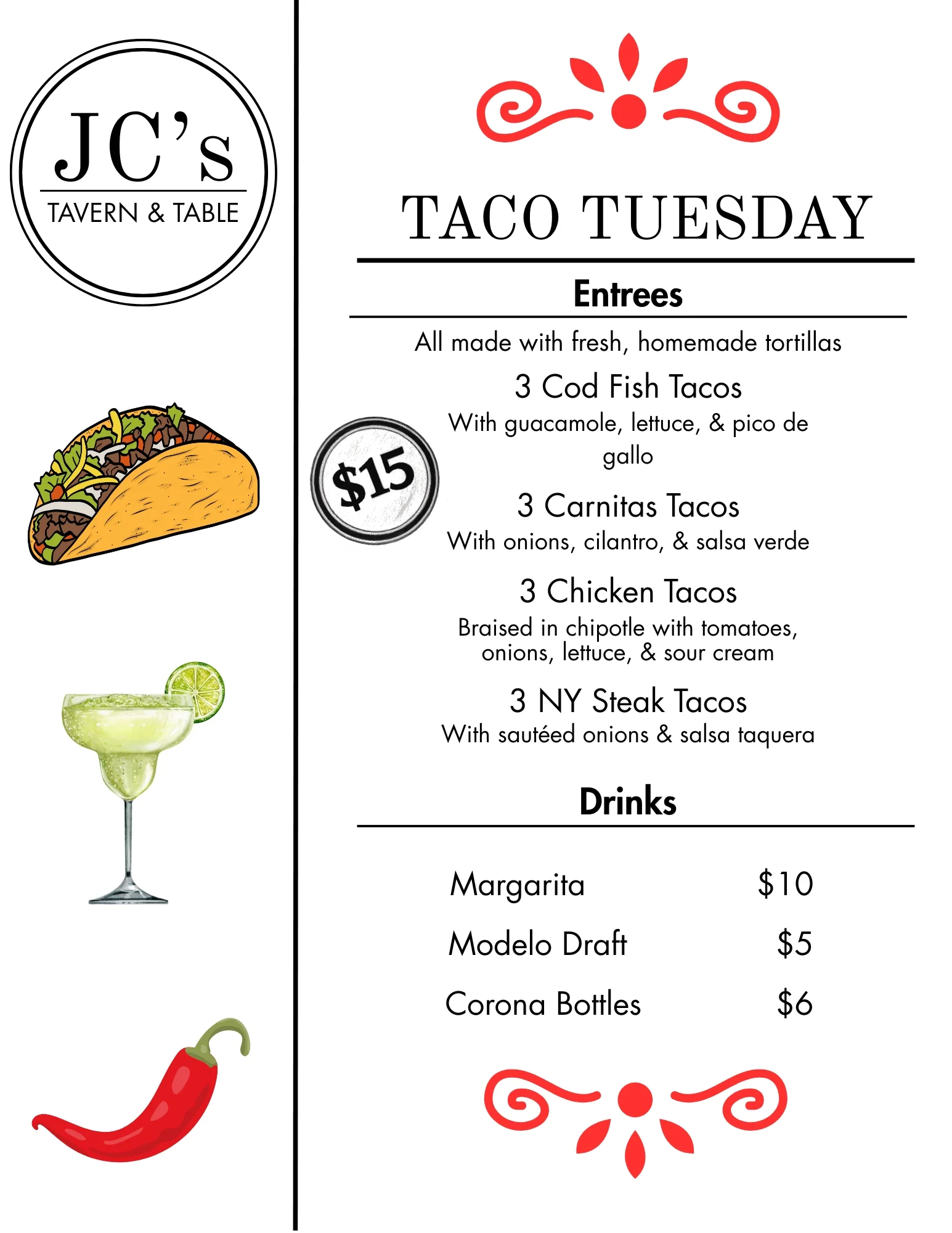 Taco Tuesday menu featuring various tacos and drinks