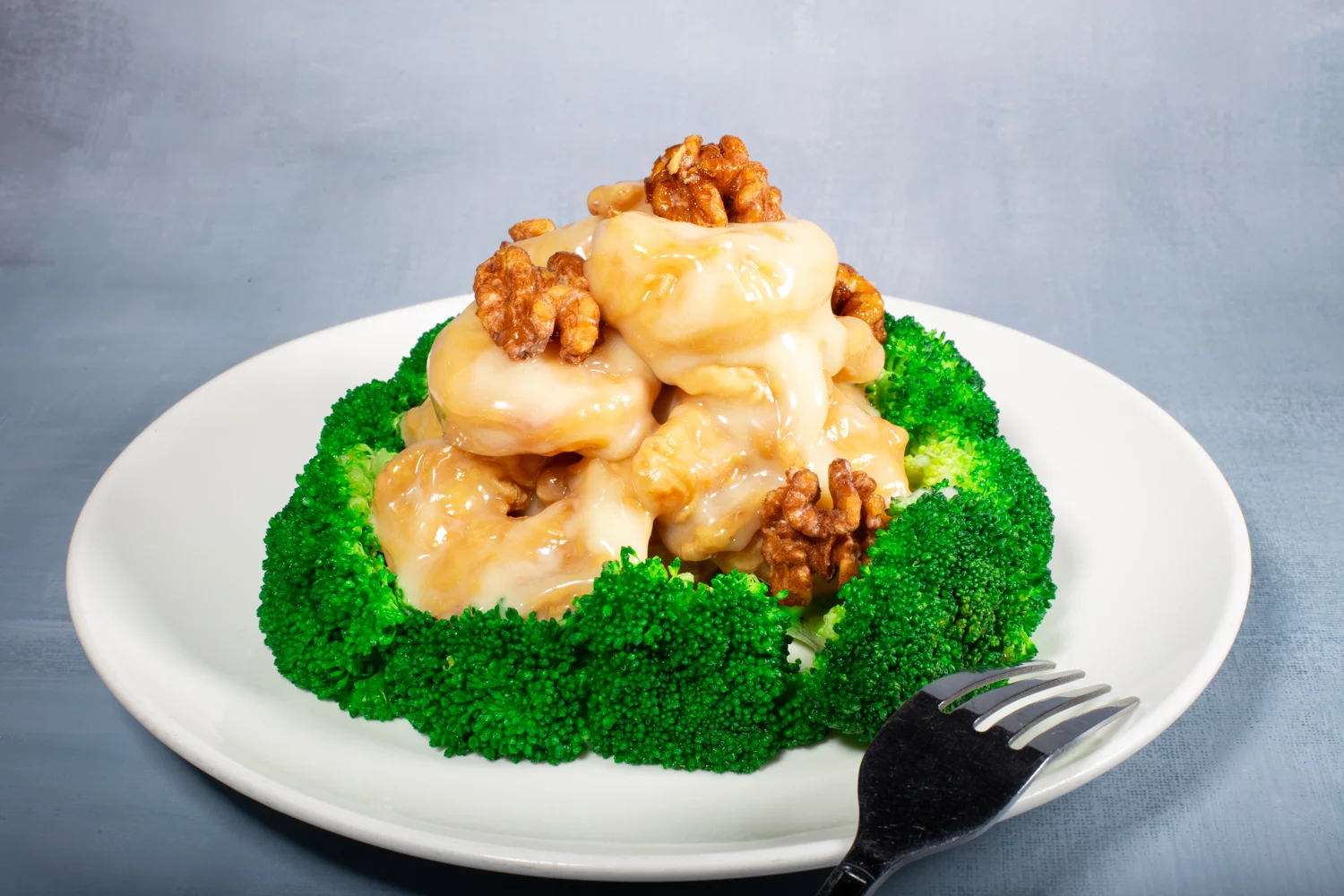 Crispy walnut shrimp on broccoli