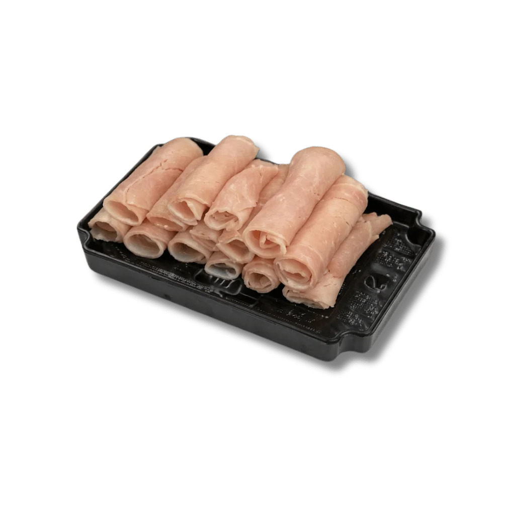 Sliced deli meat arranged in a black plastic tray.