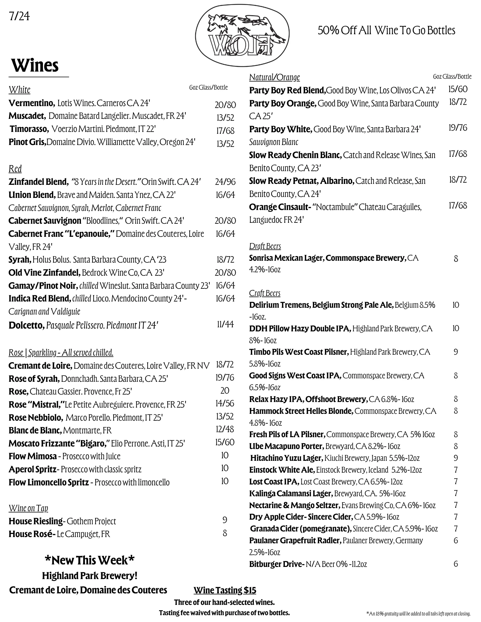 Wine and coffee menu featuring diverse selections and light bites