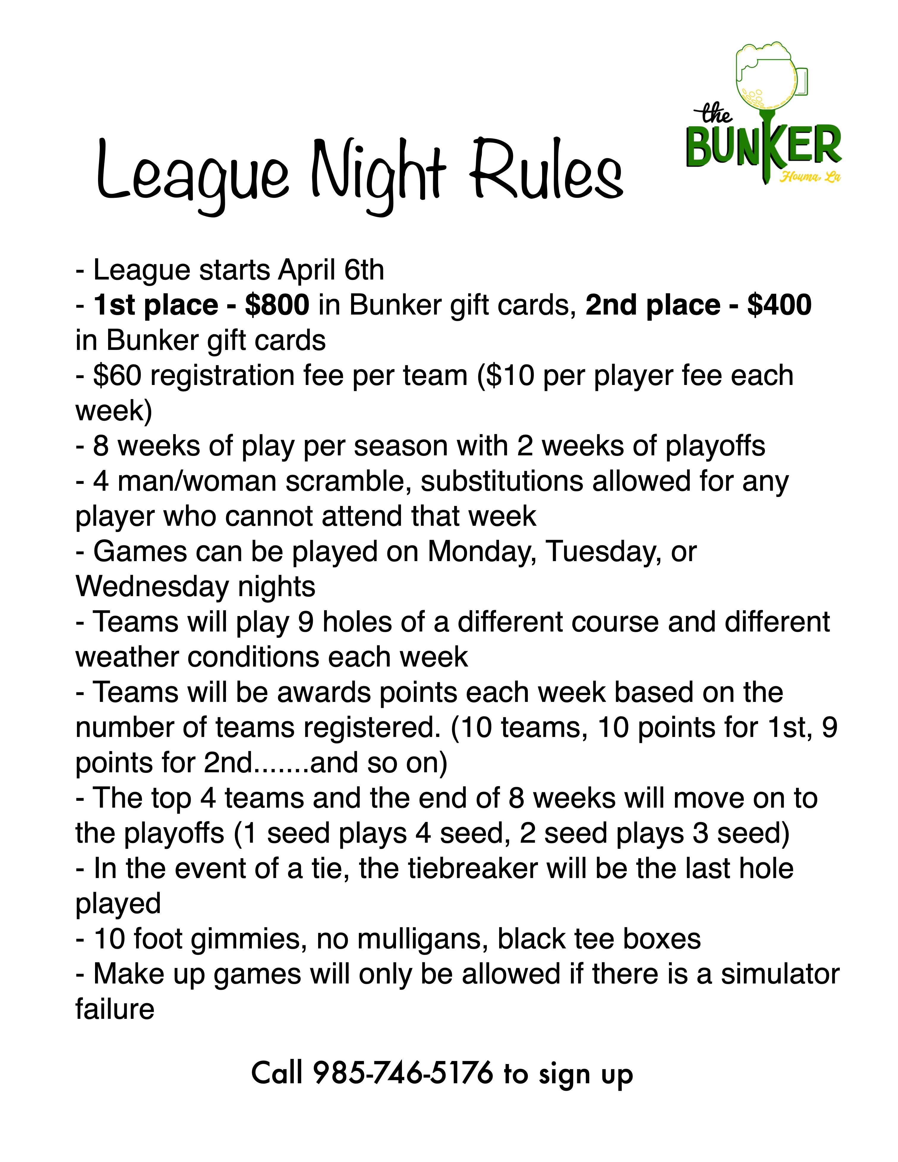 Bunker League Night Rules poster with game instructions and guidelines.