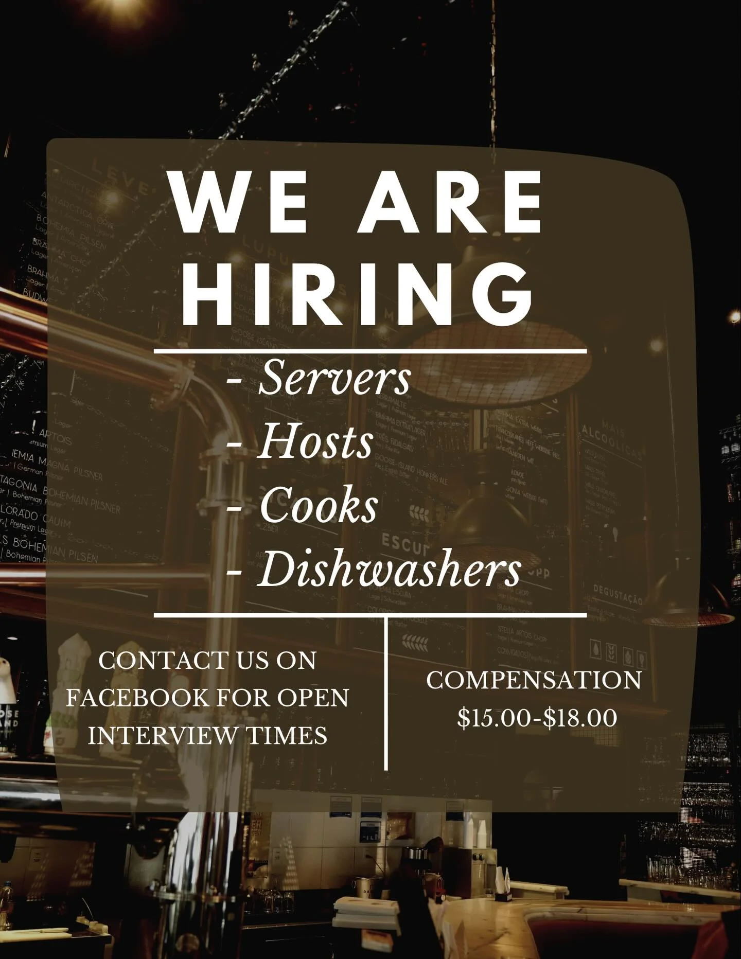 Hiring announcement for restaurant staff positions