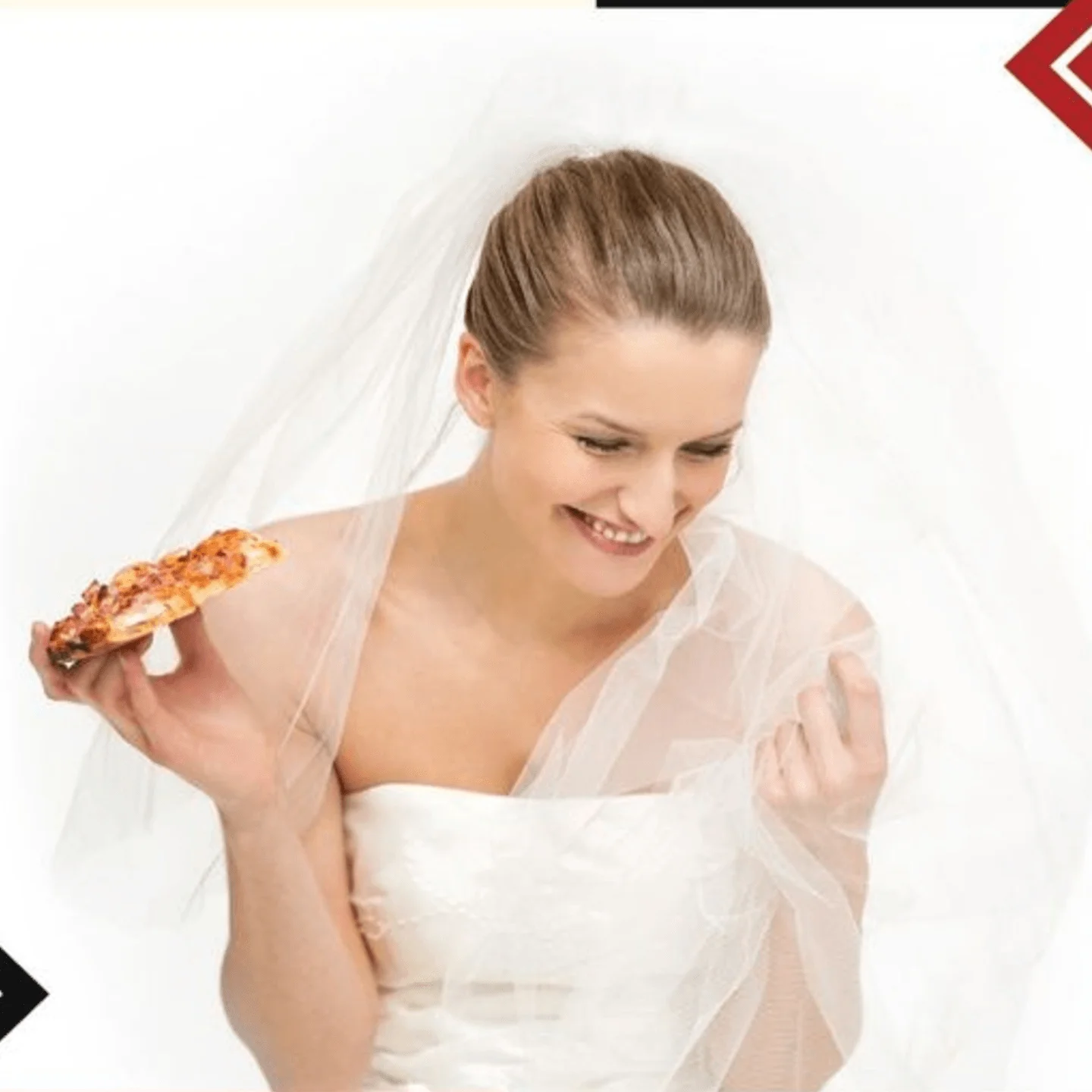 Bride enjoying a slice of pizza in wedding attire