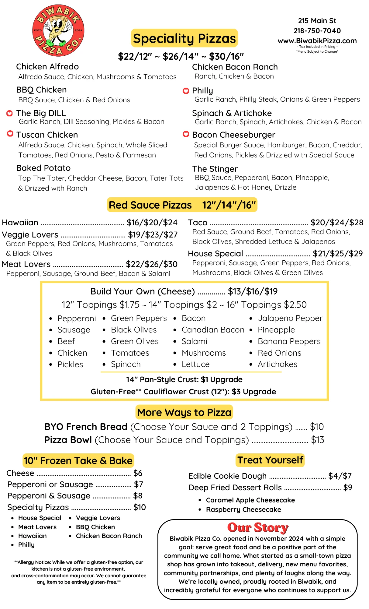 Dine-in menu featuring various food and drink options for April 2026.
