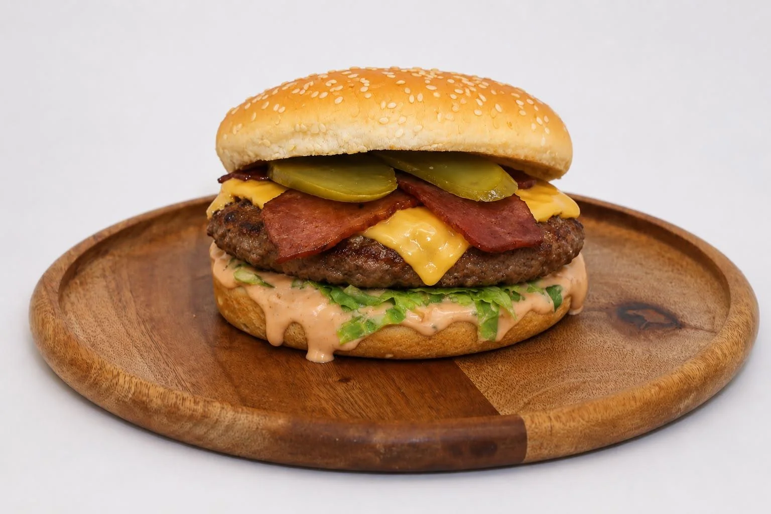 A delicious burger featuring a beef patty, cheddar cheese, slices of salami, pickles, and a creamy sauce, all held together by a sesame seed bun on a wooden plate.